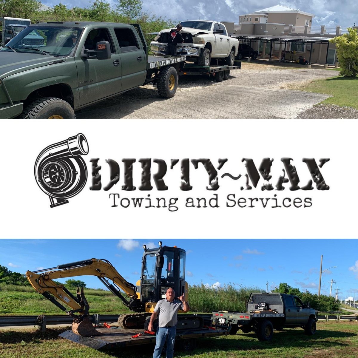 Dirty~Max Towing and Services β wrecked truck recovery, logo, and excavator transport